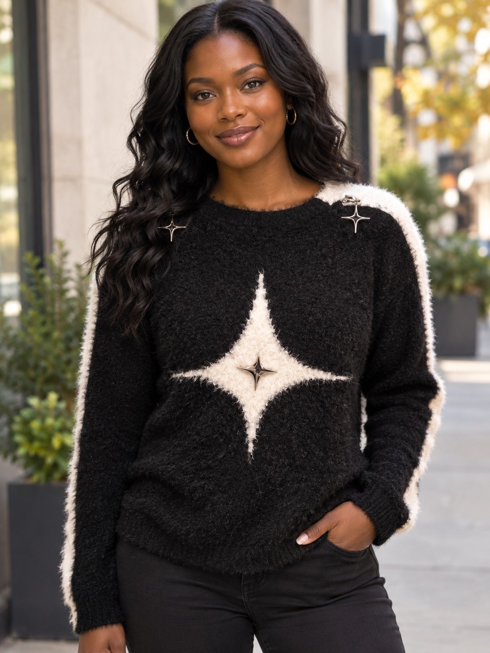 NWOT Aelfric Eden Black & Cream Star Zippered Sleeve /Shoulder Crewneck Sweater